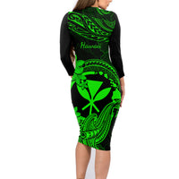 Hawaii Family Matching Long Sleeve Bodycon Dress and Hawaiian Shirt Hammerhead Shark Tattoo Mix Polynesian Plumeria Green Version LT14 - Polynesian Pride