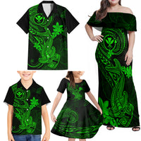 Hawaii Family Matching Off Shoulder Maxi Dress and Hawaiian Shirt Hammerhead Shark Tattoo Mix Polynesian Plumeria Green Version LT14 - Polynesian Pride