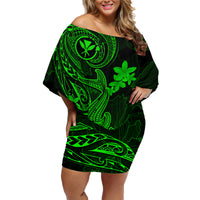 Hawaii Family Matching Off Shoulder Short Dress and Hawaiian Shirt Hammerhead Shark Tattoo Mix Polynesian Plumeria Green Version LT14 Mom's Dress Green - Polynesian Pride