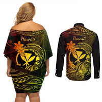 Hawaii Couples Matching Off Shoulder Short Dress and Long Sleeve Button Shirts Turtle Mix Polynesian Plumeria Reggae Version LT14 - Polynesian Pride