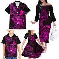 hawaii-family-matching-off-shoulder-long-sleeve-dress-and-hawaiian-shirt-turtle-mix-polynesian-plumeria-pink-version