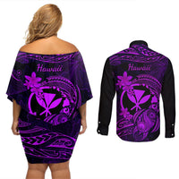 Hawaii Couples Matching Off Shoulder Short Dress and Long Sleeve Button Shirts Turtle Mix Polynesian Plumeria Purple Version LT14 - Polynesian Pride