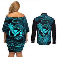 Hawaii Couples Matching Off Shoulder Short Dress and Long Sleeve Button Shirts Turtle Mix Polynesian Plumeria Turquoise Version LT14 - Polynesian Pride