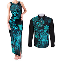 hawaii-couples-matching-tank-maxi-dress-and-long-sleeve-button-shirts-turtle-mix-polynesian-plumeria-turquoise-version