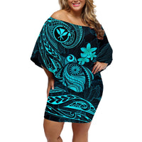 Hawaii Off Shoulder Short Dress Turtle Mix Polynesian Plumeria Turquoise Version LT14 Women Turquoise - Polynesian Pride