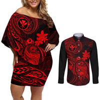 Hawaii Couples Matching Off Shoulder Short Dress and Long Sleeve Button Shirts Turtle Mix Polynesian Plumeria Red Version LT14 Red - Polynesian Pride