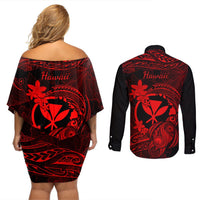 Hawaii Couples Matching Off Shoulder Short Dress and Long Sleeve Button Shirts Turtle Mix Polynesian Plumeria Red Version LT14 - Polynesian Pride