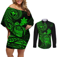 Hawaii Couples Matching Off Shoulder Short Dress and Long Sleeve Button Shirts Turtle Mix Polynesian Plumeria Green Version LT14 Green - Polynesian Pride