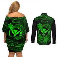 Hawaii Couples Matching Off Shoulder Short Dress and Long Sleeve Button Shirts Turtle Mix Polynesian Plumeria Green Version LT14 - Polynesian Pride