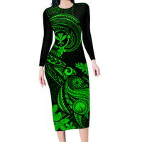 Hawaii Family Matching Long Sleeve Bodycon Dress and Hawaiian Shirt Turtle Mix Polynesian Plumeria Green Version LT14 Mom's Dress Green - Polynesian Pride