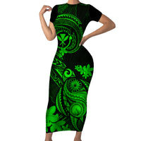 Hawaii Family Matching Short Sleeve Bodycon Dress and Hawaiian Shirt Turtle Mix Polynesian Plumeria Green Version LT14 Mom's Dress Green - Polynesian Pride