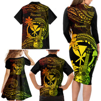 Hawaii Family Matching Long Sleeve Bodycon Dress and Hawaiian Shirt Ukulele Mix Polynesian Plumeria Reggae Version LT14 - Polynesian Pride