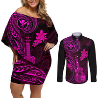 hawaii-couples-matching-off-shoulder-short-dress-and-long-sleeve-button-shirts-ukulele-mix-polynesian-plumeria-pink-version