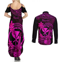 Hawaii Couples Matching Summer Maxi Dress and Long Sleeve Button Shirts Ukulele Mix Polynesian Plumeria Pink Version LT14 - Polynesian Pride
