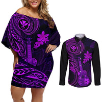 Hawaii Couples Matching Off Shoulder Short Dress and Long Sleeve Button Shirts Ukulele Mix Polynesian Plumeria Purple Version LT14 Purple - Polynesian Pride