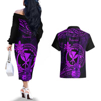 hawaii-couples-matching-off-the-shoulder-long-sleeve-dress-and-hawaiian-shirt-ukulele-mix-polynesian-plumeria-purple-version