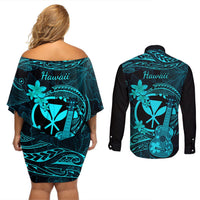 Hawaii Couples Matching Off Shoulder Short Dress and Long Sleeve Button Shirts Ukulele Mix Polynesian Plumeria Turquoise Version LT14 - Polynesian Pride