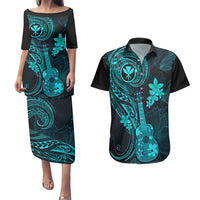 hawaii-couples-matching-puletasi-dress-and-hawaiian-shirt-ukulele-mix-polynesian-plumeria-turquoise-version