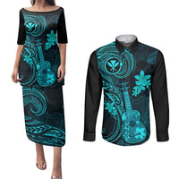 Hawaii Couples Matching Puletasi Dress and Long Sleeve Button Shirts Ukulele Mix Polynesian Plumeria Turquoise Version LT14 Turquoise - Polynesian Pride
