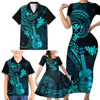 Hawaii Family Matching Short Sleeve Bodycon Dress and Hawaiian Shirt Ukulele Mix Polynesian Plumeria Turquoise Version LT14 - Polynesian Pride