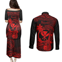 Hawaii Couples Matching Puletasi Dress and Long Sleeve Button Shirts Ukulele Mix Polynesian Plumeria Red Version LT14 - Polynesian Pride