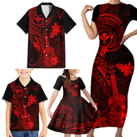 Hawaii Family Matching Short Sleeve Bodycon Dress and Hawaiian Shirt Ukulele Mix Polynesian Plumeria Red Version LT14 - Polynesian Pride