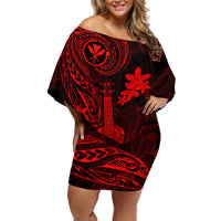 Hawaii Off Shoulder Short Dress Ukulele Mix Polynesian Plumeria Red Version LT14 Women Red - Polynesian Pride