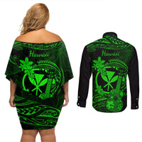 Hawaii Couples Matching Off Shoulder Short Dress and Long Sleeve Button Shirts Ukulele Mix Polynesian Plumeria Green Version LT14 - Polynesian Pride