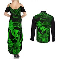 Hawaii Couples Matching Summer Maxi Dress and Long Sleeve Button Shirts Ukulele Mix Polynesian Plumeria Green Version LT14 - Polynesian Pride