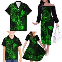 Hawaii Family Matching Off Shoulder Long Sleeve Dress and Hawaiian Shirt Ukulele Mix Polynesian Plumeria Green Version LT14 - Polynesian Pride