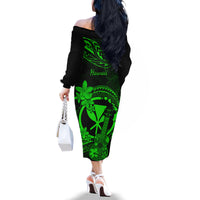 Hawaii Family Matching Off Shoulder Long Sleeve Dress and Hawaiian Shirt Ukulele Mix Polynesian Plumeria Green Version LT14 - Polynesian Pride