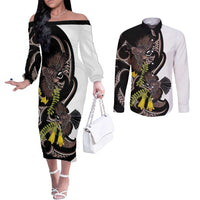 New Zealand Valentines Day Couples Matching Off The Shoulder Long Sleeve Dress and Long Sleeve Button Shirt Piwakawaka Lovers Maori Koru Tattoo - Polynesian Pride