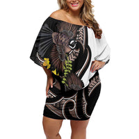 New Zealand Valentines Day Family Matching Off Shoulder Short Dress and Hawaiian Shirt Piwakawaka Lovers Maori Koru Tattoo LT14 Mom's Dress Black - Polynesian Pride