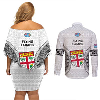 Fiji Rugby Couples Matching Off Shoulder Short Dress and Long Sleeve Button Shirts 2023 Go Champions World Cup Fijian Tapa Pattern LT14 - Polynesian Pride