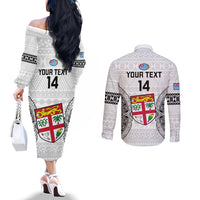 Custom Fiji Rugby Couples Matching Off The Shoulder Long Sleeve Dress and Long Sleeve Button Shirts 2023 Go Champions World Cup Fijian Tapa Pattern LT14 - Polynesian Pride