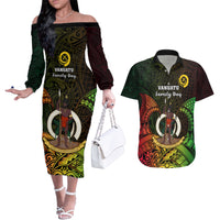 Personalised Vanuatu Family Day Couples Matching Off The Shoulder Long Sleeve Dress and Hawaiian Shirt Happy 26 December Vanuatuan Pig Tusk LT14 Black - Polynesian Pride