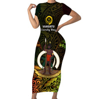 Personalised Vanuatu Family Day Family Matching Short Sleeve Bodycon Dress and Hawaiian Shirt Happy 26 December Vanuatuan Pig Tusk LT14 Mom's Dress Black - Polynesian Pride