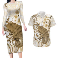 Brown And White Hawaii Chameleon Couples Matching Long Sleeve Bodycon Dress and Hawaiian Shirt Plumeria Polynesian Tribal Art LT14 Brown - Polynesian Pride