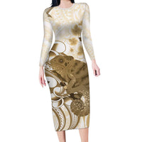 Brown And White Hawaii Chameleon Long Sleeve Bodycon Dress Plumeria Polynesian Tribal Art