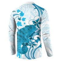 Cyan And White Hawaii Chameleon Button Sweatshirt Plumeria Polynesian Tribal Art