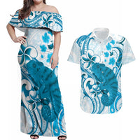 Cyan And White Hawaii Chameleon Couples Matching Off Shoulder Maxi Dress and Hawaiian Shirt Plumeria Polynesian Tribal Art LT14 Cyan - Polynesian Pride