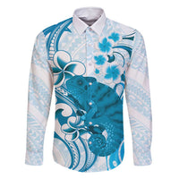 Cyan And White Hawaii Chameleon Family Matching Long Sleeve Bodycon Dress and Hawaiian Shirt Plumeria Polynesian Tribal Art LT14 Dad's Shirt - Long Sleeve Cyan - Polynesian Pride