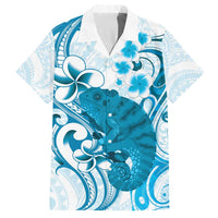 Cyan And White Hawaii Chameleon Family Matching Off The Shoulder Long Sleeve Dress and Hawaiian Shirt Plumeria Polynesian Tribal Art LT14 Dad's Shirt - Short Sleeve Cyan - Polynesian Pride