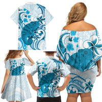 Cyan And White Hawaii Chameleon Family Matching Off Shoulder Short Dress and Hawaiian Shirt Plumeria Polynesian Tribal Art LT14 - Polynesian Pride