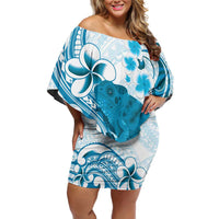 Cyan And White Hawaii Chameleon Family Matching Off Shoulder Short Dress and Hawaiian Shirt Plumeria Polynesian Tribal Art LT14 Mom's Dress Cyan - Polynesian Pride