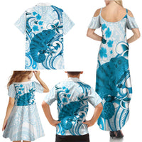Cyan And White Hawaii Chameleon Family Matching Summer Maxi Dress and Hawaiian Shirt Plumeria Polynesian Tribal Art LT14 - Polynesian Pride