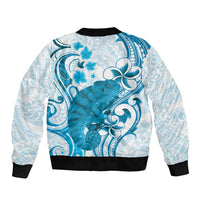 Cyan And White Hawaii Chameleon Sleeve Zip Bomber Jacket Plumeria Polynesian Tribal Art