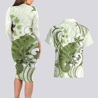 Green And White Hawaii Chameleon Couples Matching Long Sleeve Bodycon Dress and Hawaiian Shirt Plumeria Polynesian Tribal Art LT14 - Polynesian Pride