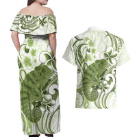 Green And White Hawaii Chameleon Couples Matching Off Shoulder Maxi Dress and Hawaiian Shirt Plumeria Polynesian Tribal Art LT14 - Polynesian Pride