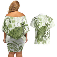 Green And White Hawaii Chameleon Couples Matching Off Shoulder Short Dress and Hawaiian Shirt Plumeria Polynesian Tribal Art